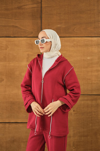 Fermuar Detaylı İkili Takım Kırmızı