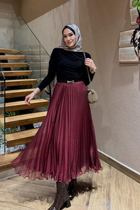 Fermuar Detaylı Pileli Etek Bordo