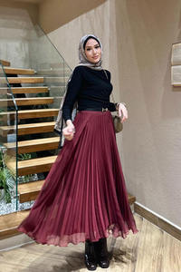 Fermuar Detaylı Pileli Etek Bordo