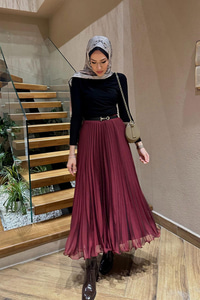 Fermuar Detaylı Pileli Etek Bordo