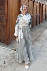 Fermuar Detaylı Şifon Etek Su Yeşil