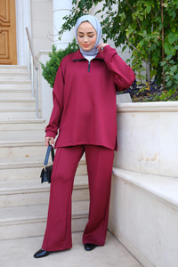 Fermuar Detaylı Takım Bordo