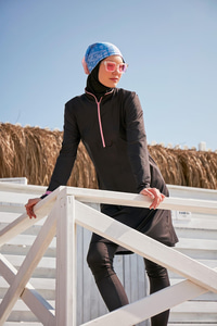 Fermuar Detaylı Tam Kapalı Tesettür Mayo Siyah