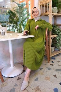 FERMUAR DETAYLI TRIKO ELBISE HAKI YESIL