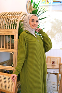 FERMUAR DETAYLI TRIKO ELBISE HAKI YESIL