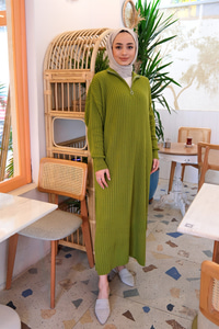 FERMUAR DETAYLI TRIKO ELBISE HAKI YESIL