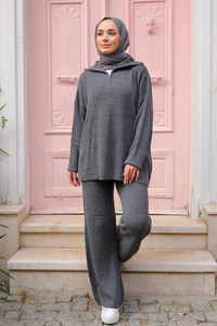 FERMUAR DETAYLI TRIKO TAKIM  Gri