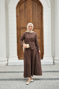 Fermuarlı Cep Detay Kemer Bağlamalı Etekli Takım Açık Kahve