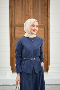 Fermuarlı Cep Detay Kemer Bağlamalı Etekli Takım Lacivert