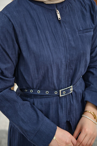 Fermuarlı Cep Detay Kemer Bağlamalı Etekli Takım Lacivert