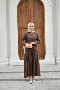 Fermuarlı Cep Detay Kemer Bağlamalı Etekli Takım Açık Kahve