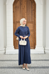 Fermuarlı Cep Detay Kemer Bağlamalı Etekli Takım Lacivert