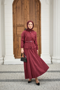 Fermuarlı Cep Detay Kemer Bağlamalı Etekli Takım Bordo