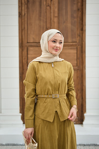 Fermuarlı Cep Detay Kemer Bağlamalı Etekli Takım Yağ Yeşil