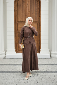 Fermuarlı Cep Detay Kemer Bağlamalı Etekli Takım Açık Kahve