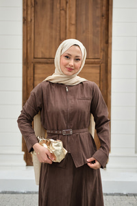 Fermuarlı Cep Detay Kemer Bağlamalı Etekli Takım Açık Kahve