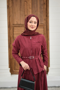 Fermuarlı Cep Detay Kemer Bağlamalı Etekli Takım Bordo