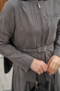 Fermuarlı Cep Detay Kemer Bağlamalı Etekli Takım Gri