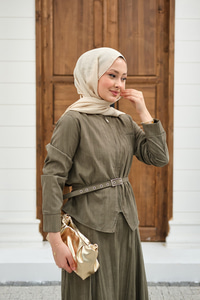 Fermuarlı Cep Detay Kemer Bağlamalı Etekli Takım Haki Yeşil