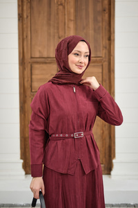 Fermuarlı Cep Detay Kemer Bağlamalı Etekli Takım Bordo