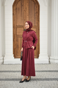 Fermuarlı Cep Detay Kemer Bağlamalı Etekli Takım Bordo