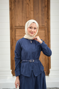 Fermuarlı Cep Detay Kemer Bağlamalı Etekli Takım Lacivert