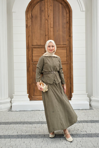 Fermuarlı Cep Detay Kemer Bağlamalı Etekli Takım Haki Yeşil