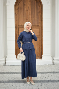 Fermuarlı Cep Detay Kemer Bağlamalı Etekli Takım Lacivert