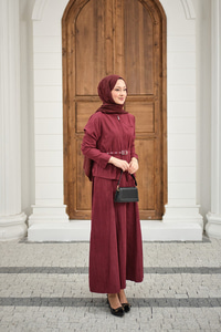 Fermuarlı Cep Detay Kemer Bağlamalı Etekli Takım Bordo