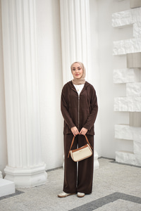 Fermuarlı Çift Cepli Kapüşonlu Pantolonlu Takım Kahverengi