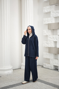 Fermuarlı Çift Cepli Kapüşonlu Pantolonlu Takım Lacivert