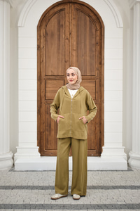 Fermuarlı Çift Cepli Kapüşonlu Pantolonlu Takım Yağ Yeşil