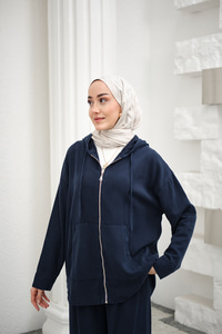 Fermuarlı Çift Cepli Kapüşonlu Pantolonlu Takım Lacivert