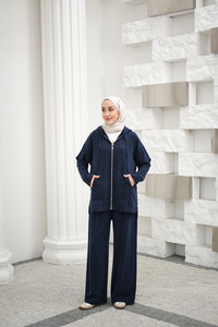 Fermuarlı Çift Cepli Kapüşonlu Pantolonlu Takım Lacivert