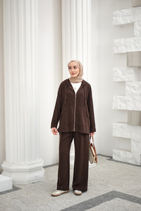 Fermuarlı Çift Cepli Kapüşonlu Pantolonlu Takım Kahverengi