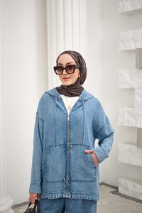 Fermuarlı Çift Cepli Kapüşonlu Pantolonlu Takım Buz Mavi