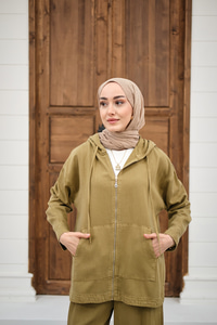 Fermuarlı Çift Cepli Kapüşonlu Pantolonlu Takım Yağ Yeşil