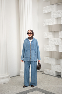 Fermuarlı Çift Cepli Kapüşonlu Pantolonlu Takım Buz Mavi