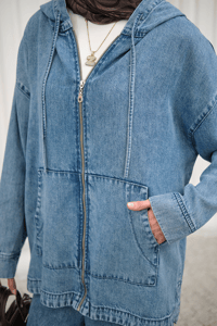 Fermuarlı Çift Cepli Kapüşonlu Pantolonlu Takım Buz Mavi