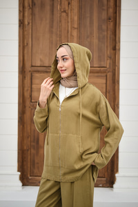 Fermuarlı Çift Cepli Kapüşonlu Pantolonlu Takım Yağ Yeşil