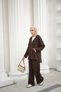 Fermuarlı Çift Cepli Kapüşonlu Pantolonlu Takım Kahverengi