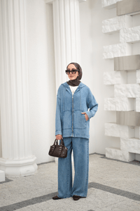 Fermuarlı Çift Cepli Kapüşonlu Pantolonlu Takım Buz Mavi