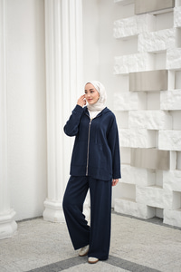 Fermuarlı Çift Cepli Kapüşonlu Pantolonlu Takım Lacivert