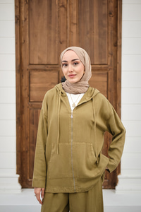 Fermuarlı Çift Cepli Kapüşonlu Pantolonlu Takım Yağ Yeşil