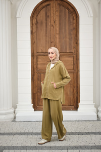 Fermuarlı Çift Cepli Kapüşonlu Pantolonlu Takım Yağ Yeşil