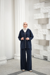 Fermuarlı Çift Cepli Kapüşonlu Pantolonlu Takım Lacivert