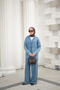 Fermuarlı Çift Cepli Kapüşonlu Pantolonlu Takım Buz Mavi