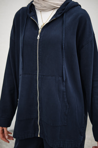 Fermuarlı Çift Cepli Kapüşonlu Pantolonlu Takım Lacivert