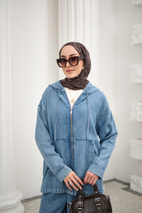 Fermuarlı Çift Cepli Kapüşonlu Pantolonlu Takım Buz Mavi