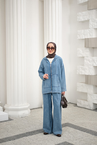 Fermuarlı Çift Cepli Kapüşonlu Pantolonlu Takım Buz Mavi